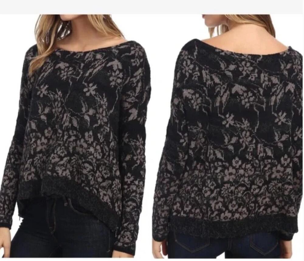 FREE PEOPLE Floral Fields Sweater Black Cream Wool Blend Side Zips Wide Neck S